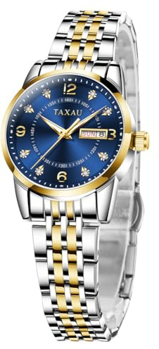 Taxau Damen Uhr Wasserdicht Quarzuhr Gold Silber Edelstahlband Armbanduhr