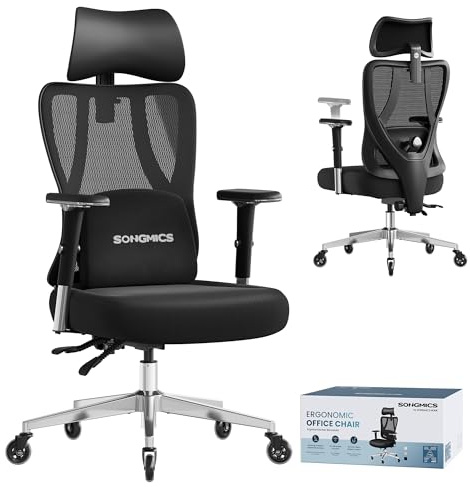 SONGMICS Silla de Oficina Ergonómica, Silla de Escritorio Gaming, Soporte Lumbar y Reposacabezas Ajustables, Reposabrazos, para Distintas Alturas, Carga 150 kg, Negro Tinta OBN067BH01