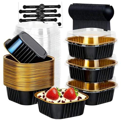 SHUESS 300 PCS/100 Sets Mini Loaf Cake Cases - Mini Loaf Tins with Lids and Spoons - 175ML Reusable Aluminum Mini Cake Tins - Square Baking Tin with Stickers for Cake Bread Baking (Black Gold)
