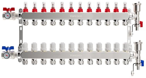 VANCOCO 12 Circuiti Collettore Riscaldamento a Pavimento, Eurokonus 16×2 mm, Valvole a Sfera Compatte 1, Portata 5 L/min, Kit Sfiato Veloce | Distributore con cono europeo 16 × 2 mm, valvole a sfera compatte da 1, misuratore di flusso 5 l/min e set di sfiato rapido