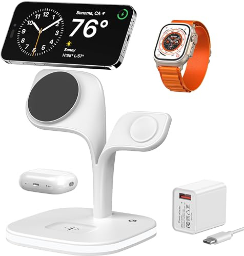 Cargador Inalámbrico de Carga Rpida 4 en 1 mag-Safe, Estación de Carga por Inducción Plegable con Luz Nocturna, Compatible iPhone 17 16 15 14 13 12 Pro/MAX/Plus, Apple Watch, AirPods