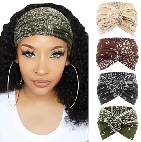JYSNOW 4 Pièces Bandeau Cheveux Femme, Boho Bandeaux Vintage Fleur, 7'' | Turban Serre Tete Femme, Serre Tête Élastique Antidérapant, pour Yoga & Fitness – Mode Accessoire Cheveux A