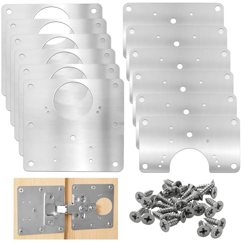 12 Piezas Placa Reparación Bisagra, Placas Reparación Bisagras Cazoleta, Placas de Soporte de Reparación con Tornillos, Placa Reparar Bisagras para Armarios, Guardarropas, Ventanas, Muebles de Madera