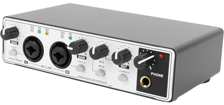 Bewinner Interfaz de Sonido USB Tipo C, Entrada XLR de 24 Bits y 192 KHz con Alimentación de 48 V para Grabación, Transmisión, Podcasting, Estudio, Interfaz de Mezclador de Audio (blanco negro)