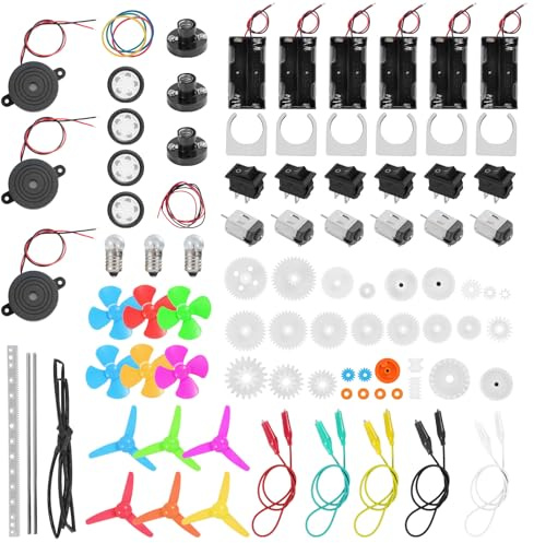QIQIAZI 131 Teile DIY Elektronik Experimentierkasten mit DC Motoren 1,5-3V 15000RPM, Mini Elektromotor Set mit Zahnräder, Propeller, Buzzer & Batteriehalter,für STEM Kit und Technik Projekte