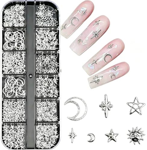 UEAVOID Bijoux Ongles Nail Art Argenté, 1 Boîte Charms Métal 3D pour Décoration Ongle Gel Manucure DIY Élégante