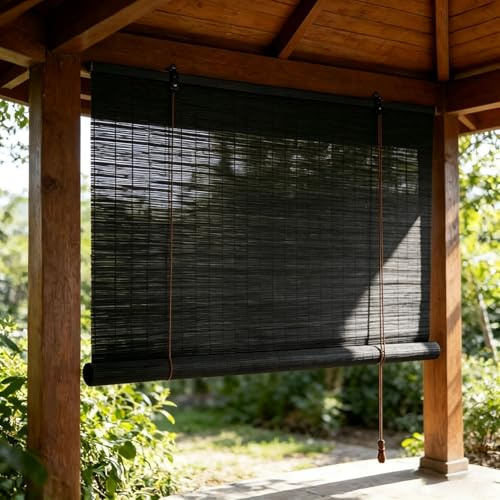 60x200cm Schwarz Bambusrollo 60% Blackout Sonnenschutz Sichtschutz Bambus Raffrollo Mit Lifter Outdoor Rollo Wetterfest Anti-UV Blackout Jalousie für Garten Terrasse Balkon Dekoration