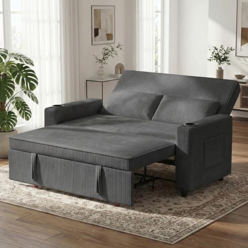 JUMMICO Schlafsofa 2 Sitzer klein Sofa mit Schlaffunktion Schlafcouch Ausziehbar mit Kissen Couch Cord-Bezug Klappsofa Für Wohnzimmer Schlafzimmer,69T x 141B cm,Grau