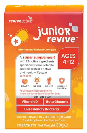 Junior Revive Unflavoured, Kids Multivitamin - 22 Active Ingredients - 1 Daily Sachet - Childrens Vitamin & Mineral Complex - Supports Heart Health, Mental Performance and Immune System - 20 Sachets