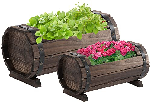Outsunny 2PCs 56L Wooden Planter Box Flower Plant Pot Outdoor Flower Beds Plant Box with Solid Wood Carbonized Colour