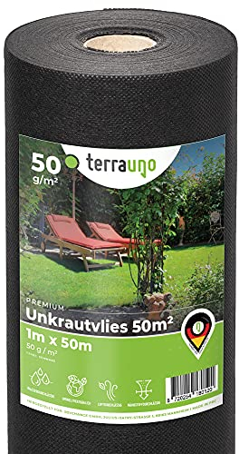 TerraUno - Premium Unkrautvlies 50 g/m² - 50m x 1m = 50 m² Unkrautfolie auf der Rolle I wasserdurchlässig, atmungsaktiv & nährstoffdurchlässig I Gartenvlies gegen Unkraut für den Gartenbau