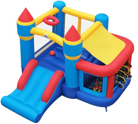 COSTWAY Castillo Hinchable para Niños, Castillo Hinchable Infantil con Tobogán, Canasta, Piscina, Colchoneta de Salto y Bolsa de Transporte, Interior y Exterior, para 2 Niños de 3-12 Años, Multicolor