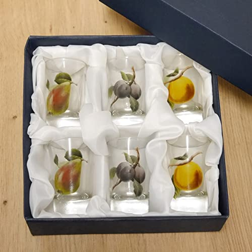 GTK - Geweihe & Trophäen KRUMHOLZ 6 teiliges Schnaps Gläser Set mit farbigen Mischobst Motiven Birne, Pflaume und Mirabelle - hoch - 2 cl -