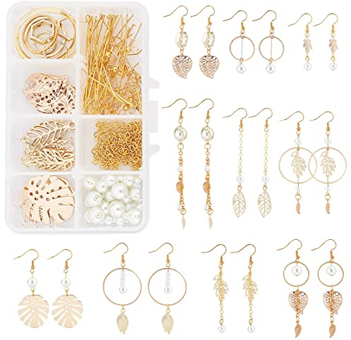 SUNNYCLUE 1 Box Zum Selbermachen von 10 Paar Blatt Perlen Ohrringen Starter Kit Einschließlich Blatt Charms Geometrische Verbindungsringe Perlen Ohrring Zubehör Für Frauen DIY Schmuckherstellung