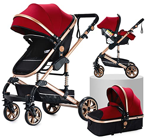 3 in 1 Kombikinderwagen Kinderwagen 3 in 1 Hochformat Kinderwagen Liegender Kinderwagen Faltbarer Kinderwagen Babywiege Neugeborenen Kinderwagen (red)