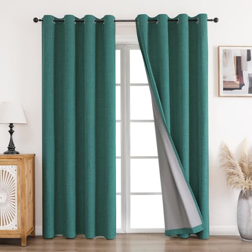 CUCRAF Vorhang 100% Blickdicht Leinen Gardinen mit Ösen Verdunklungsvorhänge Gardinen Waldgrün H225 x B140 cm 2er Set, Thermovorhang Kälteschutz Schallschutz Vorhang für Wohnzimmer Schlafzimmer