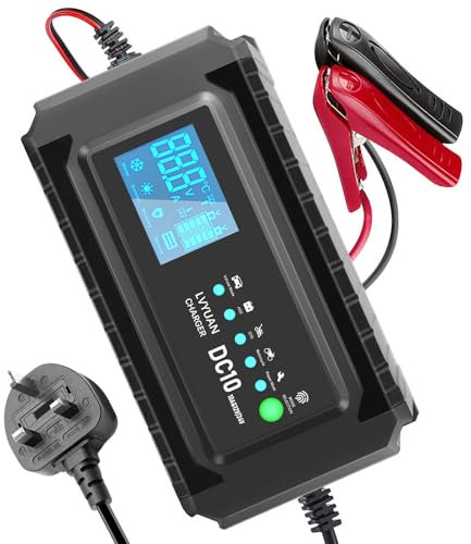 LVYUAN 10Amp 12V/24V Car Motorcycle Battery Charger, Smart Battery Charging for Truck Marine, Repair Maintains for AGM STD GEL & Lead Acid Batteries