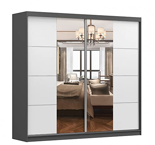 Kleiderschrank M38 mit Spiegel 233 cm, Schwebetürenschrank, Garderobeschrank Schlafzimmer; Wohnzimmerschrank; Korpus Schrank Farbe: Graphit; Farbe der Schrankfront: Weiß - 2 Schiebetüren