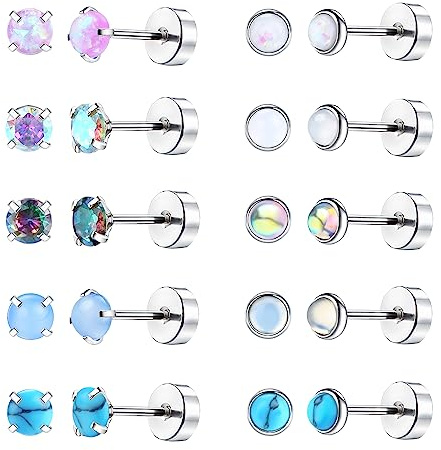 Dochais 10 Paar Chirurgenstahl Ohrstecker Frauen Ohrringe,Kleine Ohrstecker Damen Set Multipack Knorpelohrringe Für Damen Mädchen,Opal Mondstein Türkis Zirkon Ohrringe Helix Piercing Hypoallergen