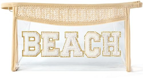 Belanttega Boho Patch Beach Cosmetic Bag - Summer BEACH Chenille Varsity Toiletry Makeup Bag Beige Letter Clear Waterproof Travel PVC Zipper Clutch Daily Use Purse Summer Makeup Pouch for Women Girls