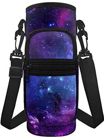 chaqlin Galaxy Night Water Bottle Carrier Bags with Adjustable Shoulder Strap Insulated Crossbody Water Bottle Holder Sports Water Bottle Case Sleeve Pouch with 2 Pocket for Men Women