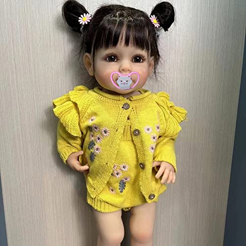 MineeQu 22 Zoll Wurzelhaar Eine Wirklich Wiedergeborene Babypuppe aus Ganzkörper-Silikon-Vinyl Gefertigt ist Anatomisch Korrekte Realistische Kleinkind-Mädchenpuppen für Neugeborene Sehen Echt Aus