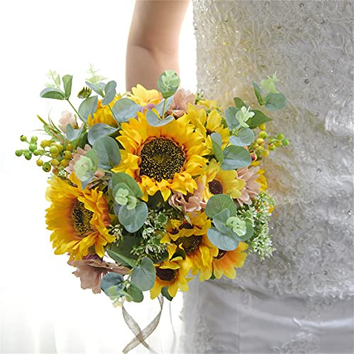HWSY Künstlicher Blumenstrauß, Braut hält Blumen, Sonnenblumen-Hochzeitsblume, handgefertigter romantischer Brautstrauß, künstliche Hochzeitsblumen, Brautstrauß für Hochzeitsfeier, Heimdekoration, B