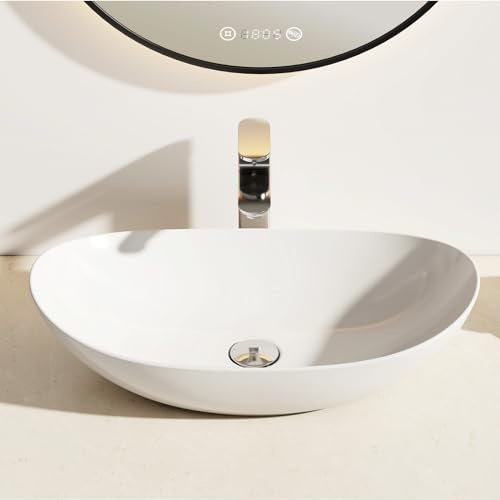 EMKE Oval Waschbecken Aufsatzwaschbecken 61,9 × 36 × 15,7 cm, Keramik Waschbecken Gäste WC, Mini Waschbecken Klein Waschschale Waschtisch