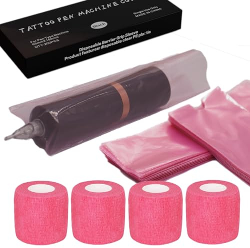 MIUXIA 200 Pink Tattoo Pen Covers 4 Grip Tapes Large Tattoo Machine Covers Tape Wrap Supplies