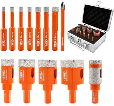 BGTEC Diamantbohrer Fliesenbohrer Set - 13 Stück Ø 5-35mm Bohrkronen Set für Granit, Marmor, Porzellan, Fliesen, Keramik, Sechskant-Schaft