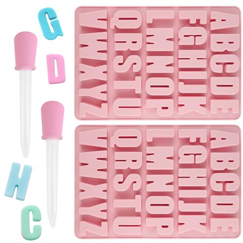 2 moldes de silicona con letras de la A a la Z, moldes de silicona grandes, molde de chocolate de resina epoxi, moldes de silicona para decoración de tartas con 2 goteros, para cumpleaños DIY
