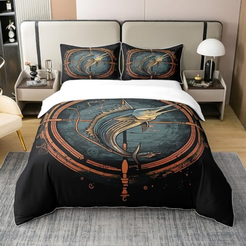 Loussiesd Hecht Fisch 100% Baumwolle Bettwäsche Set 135x200cm Kinder Bass Big Fish Bettbezug Set für Jungen Mädchen Fischen und Jagen Betten Set Fisherman Fish Man Bettwäsche-Set