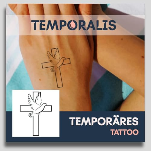 Fake Tattoo Kreuz – Temporalis® | Temporäre Tattoos für Erwachsene – EU-zertifizierte Kosmetik, vegan & wasserfest – Hält 1 bis 2 Wochen [ Kreuz und Taube ]