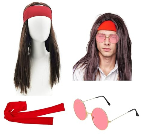 70er Hippie Kostüm Herren Set Perücken Hippie Kostümzubehör 60er 70er Jahre Bekleidung Herren Perücke Sonnenbrille Stirnband Outfit Accessories Faschings Kostüme Karneval Halloween für Männer Frauen