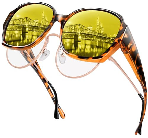 URUMQI Occhiali da Guida Notturna Antiriflesso per Donne - Ultraleggeri da Indossare Sopra gli Occhiali - Lenti Gialle HD per Visione Notturna