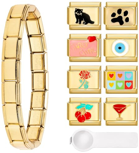 Bracelet Kunoli à breloques en or, avec 8 breloques italiennes, modules amovibles DIY de 9 mm pour bracelets italiens (B)