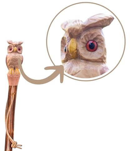 Jagd-Schnitzerei Peter® Wanderstock Holz, geschnitzten Kopf von Einer Eule, Wunschgravur „Gravur BIS ZU 15 Zeichen IM Preis ENTHALTEN“, 98-170 cm
