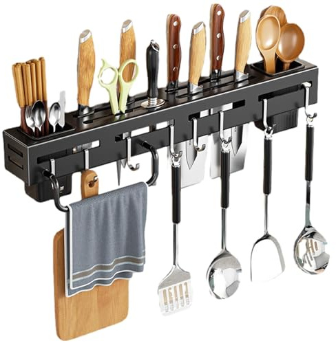 Portacoltelli da parete, supporto per coltelli da parete, supporto per pentole, senza punzonatura, multiuso con ganci per coltelli, forchette, bacchette, cucchiai, casa, hotel