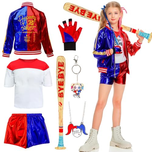 Quinn Kostüm Kinder- Mädchen Suicide Kostüme Faschingskostüm Bösewicht Kostüm Clown Kit mit Jacke T-Shirt Shorts Handschuh Schlüsselanhänger Halskette für Halloween Karneval Cosplay Joker Kostüm