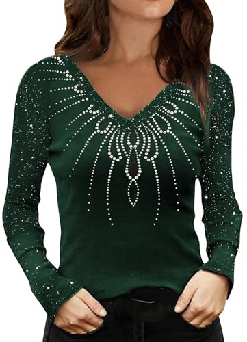 MJGkhiy Chemisier Femme Élégant avec Paillettes Argent Col en V Tops Strass Nouvel An T Shirt Curvy Manches Longues Tee shirt grande taille Brillant Pull Noël Glitter Or T-shirts Soirée Chemise