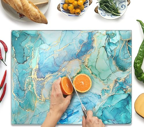 Kitchenville Skärbräda i Härdat Glas 50×40 cm – Kvalitet Bänkskiveskydd & Skärbräda för Kök – Reptålig, Värmetålig, Hygienisk & Lätt att Rengöra – Turkos hav
