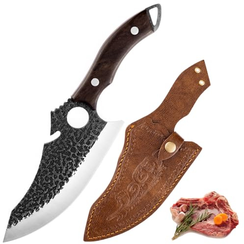 TUTCHUAN Kochmesser Japanische handgeschmiedete Küchenmesser Full Tang High Carbon Steel Ausbeinmesser Home und Outdoor Kochmesser mit Lederscheide