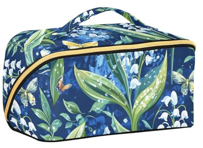 aidingzhi Chic Lily Of The Valley Blue Floral Travel Bag with dividers Waterproof Cosmetic Bags With Zipper with Compartments & Handle