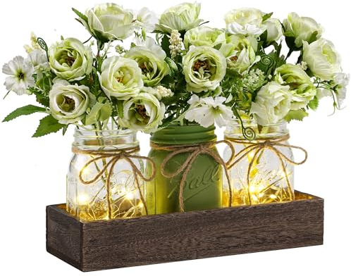 DUOER 3 Pcs Mason Jar Centerpiece Table Decorations for Dining Farmhouse Coffee Table Decor with Wood Tray and Led Light Table Centerpieces for Dining room Kitchen Living Bathroom,Green