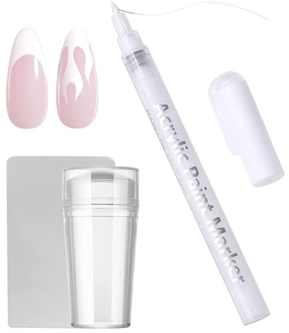 3D Nagellack Stift Set - French Weißer Nagellack Nagelkunststift Nail Art Stamper Nagelstempel Werkzeugset Doppelend Silikon Nagel Stempel Kit mit Schaber Nagel für Stamping & Französische Tip