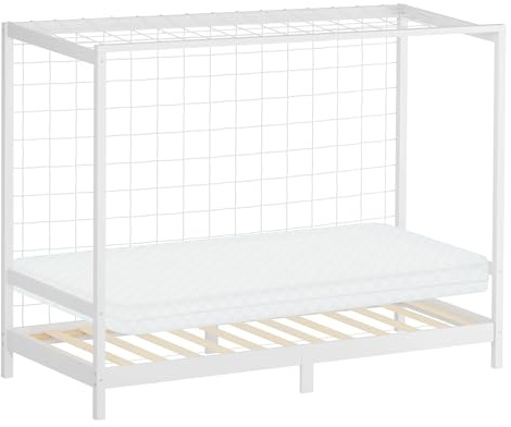 ML-Design Kinderbett Fußballtor 90x200 cm mit Matratze H:10cm, Weiß, Kinder Einzelbett, Holzbett mit Lattenrost/Tornetz, Jugendbett Kiefernholz, Bettgestell Spielbett Bett Fußballbett-Tor Handballtor