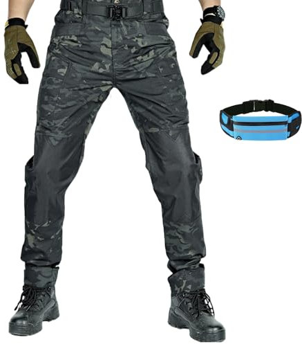 Pantalon Tactique Homme Apexcargo, Multi Poches Pantalon De Moto Homme, Pants De Protection Pour Vélo(Ceinture Comprise), Adapté à La Randonnée, à La Chasse Et Au Travail (1PC-Camouflage noir,XXXL)