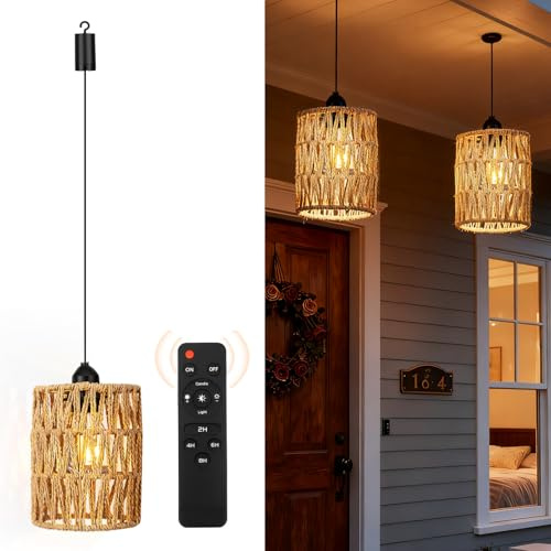 2 Stücke Hängelampe mit Batterie, E27 Tragbare Outdoor Hängelampe mit Fernbedienung Batteriebetriebene Rattan Lampe, Boho Lampe für Patio Bar Garten Terrasse Wohnzimmer Schlafzimmer