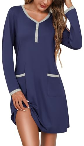 Litherday Camicia da Notte Donna Cotone Manica Lunga Tasche Bottoni Casa | Cotone morbido, scollo con bottoni, manica lunga, tasche frontali, vestibilità comoda, lavaggio facile, casa notte e relax