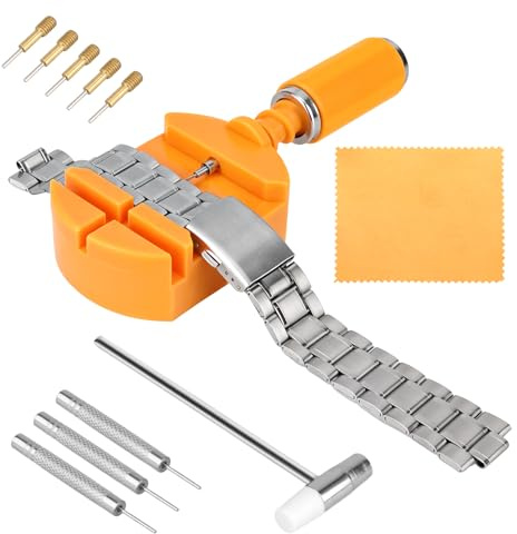 Styquenzer Uhrenarmband Reparatur Werkzeug Set, 11 Stück Anpassen Uhrenarmband Werkzeug, Reparatur Set mit Uhrenregulatoren, Uhrenstifte, Hämmer, Federstege (Gelb)
